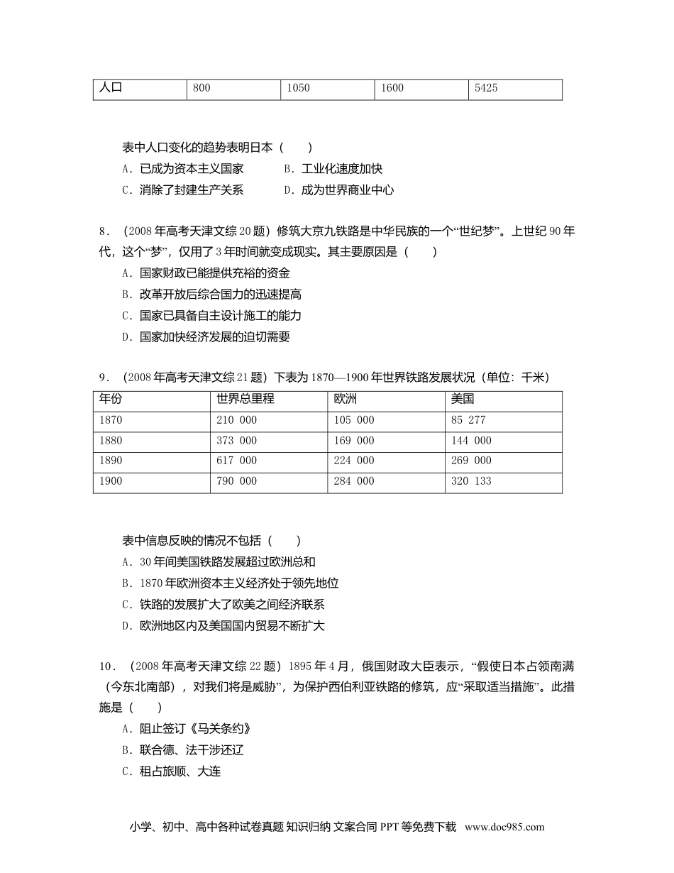 2008年高考历史试卷（天津）（空白卷）.doc