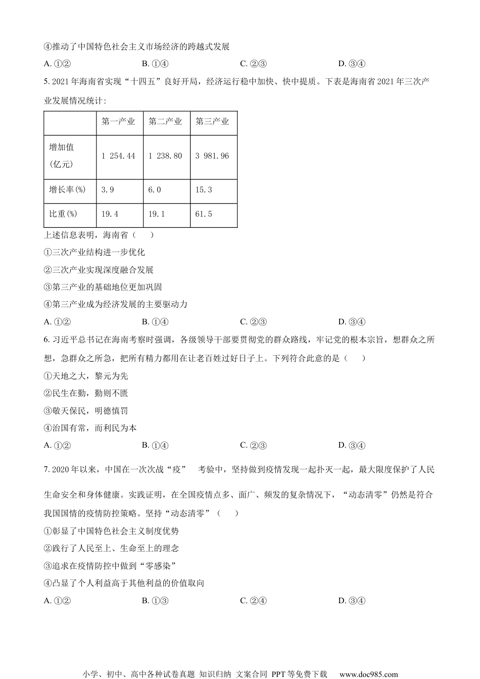2022年高考政治试卷（海南）（空白卷） (2).docx