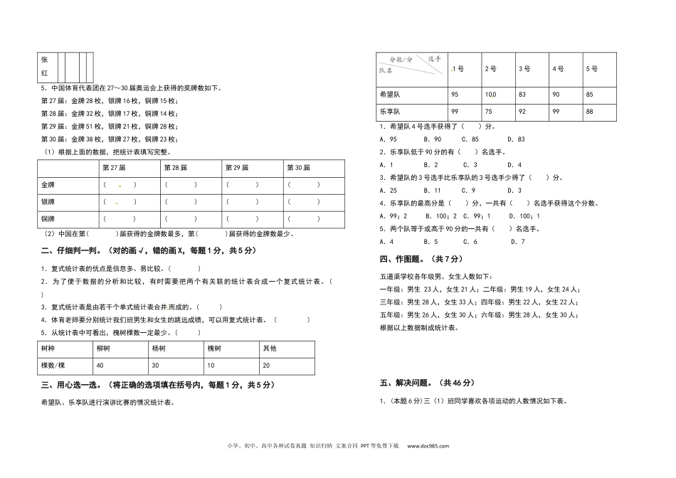三年级数学下册第三单元复式统计表检测卷（基础卷）（含答案）人教版.docx