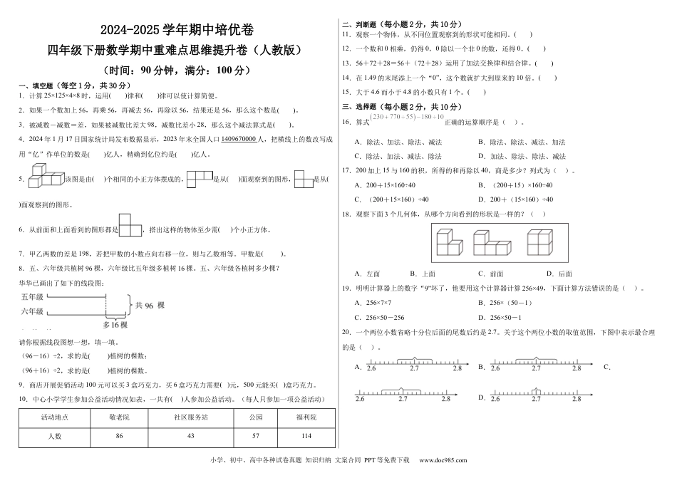 2024-2025学年期中培优卷--四年级下册数学期中重难点思维提升卷（人教版）【考试B4版】.docx