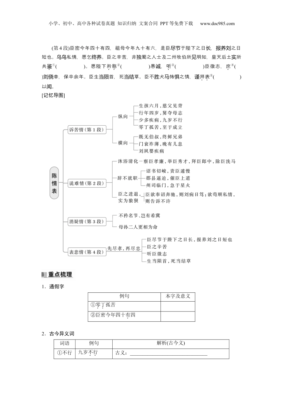 2025年新高考语文复习  选择性必修下册(一)　单篇梳理1　陈情表.docx