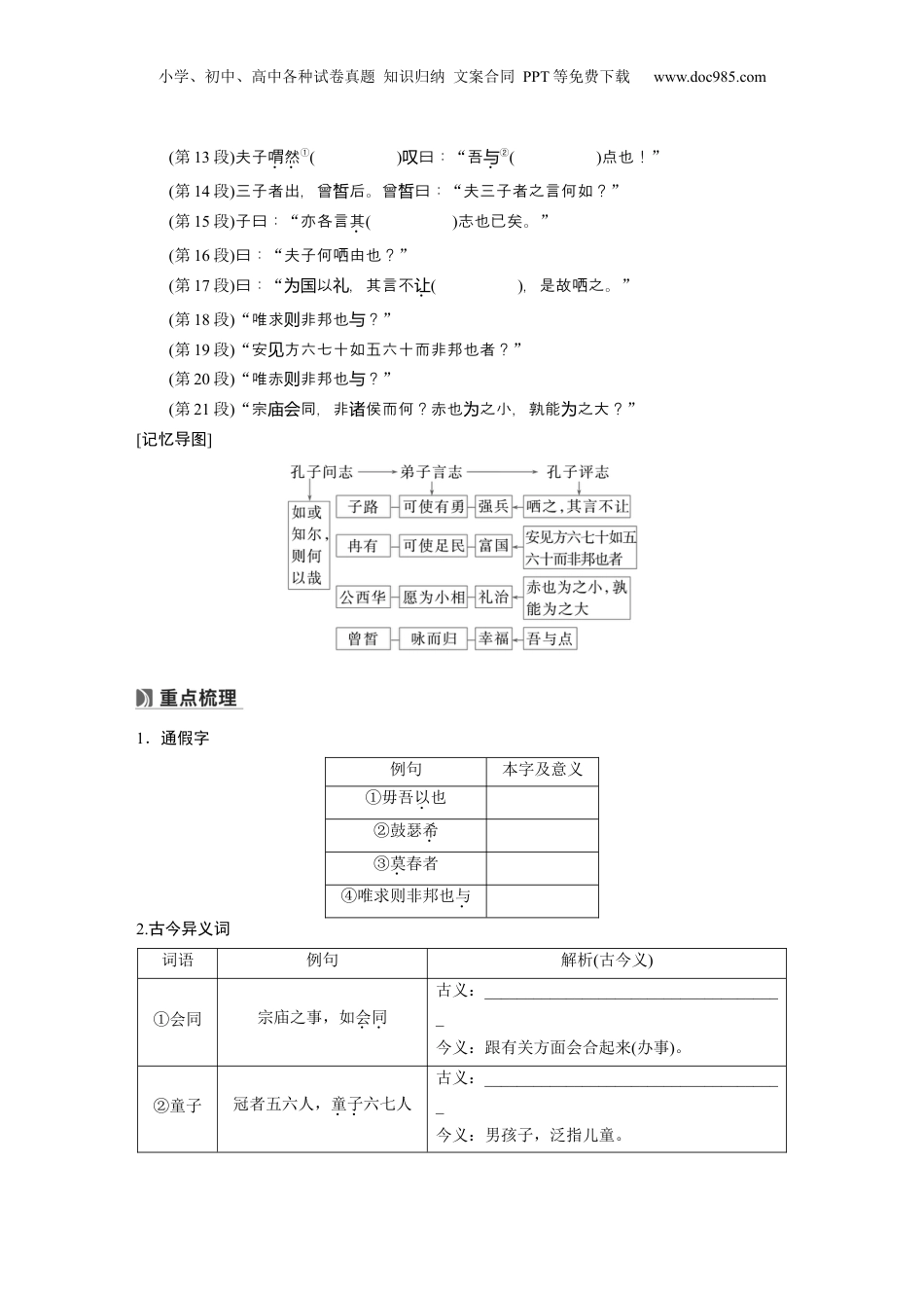 2025年新高考语文复习  必修下册(一)　单篇梳理1　子路、曾皙、冉有、公西华侍坐.docx