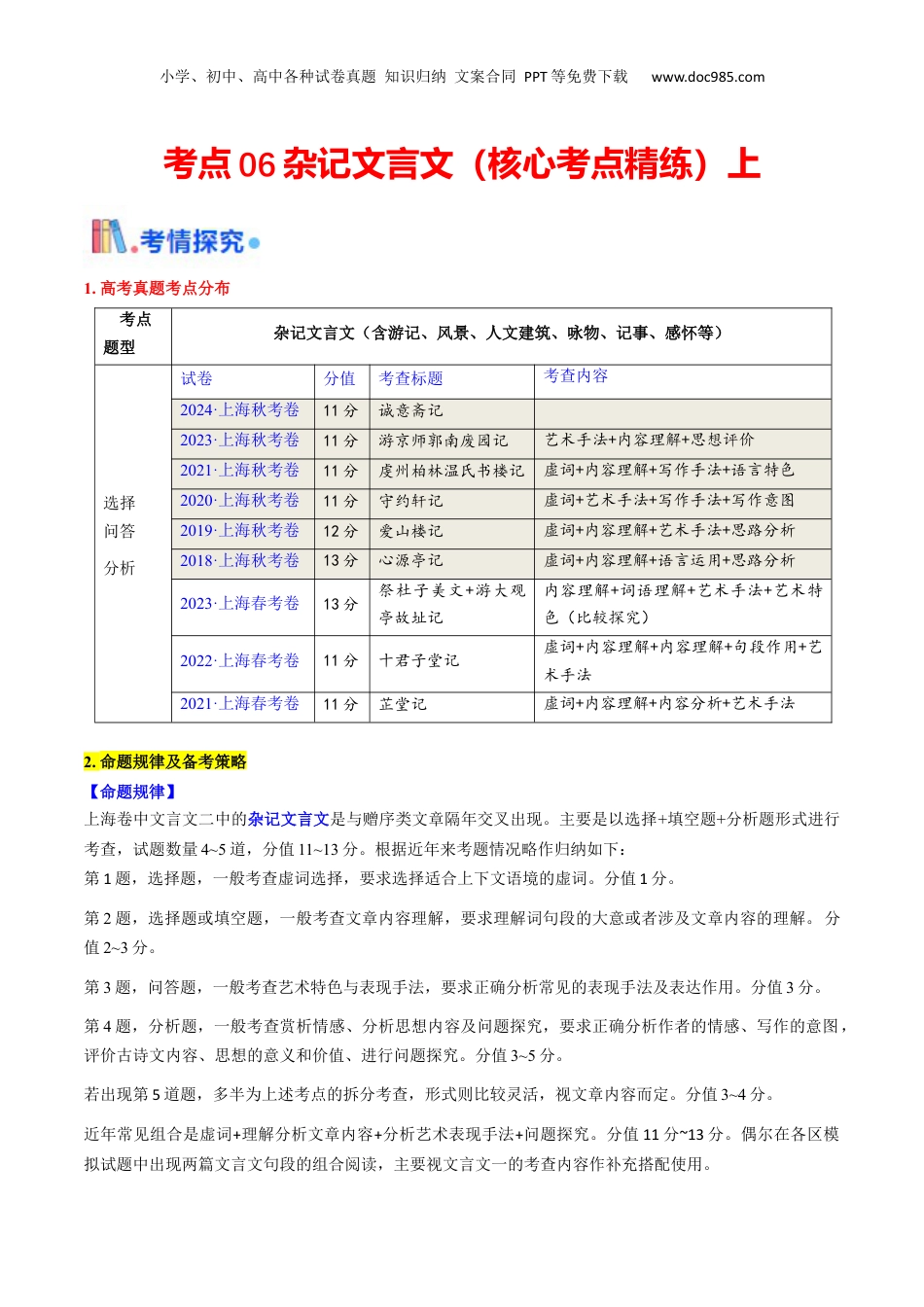 2025年新高考语文复习  考点06 杂记文言文-上（核心考点精讲精练）-备战2025年高考语文一轮复习考点帮（上海专用）（原卷版）.docx