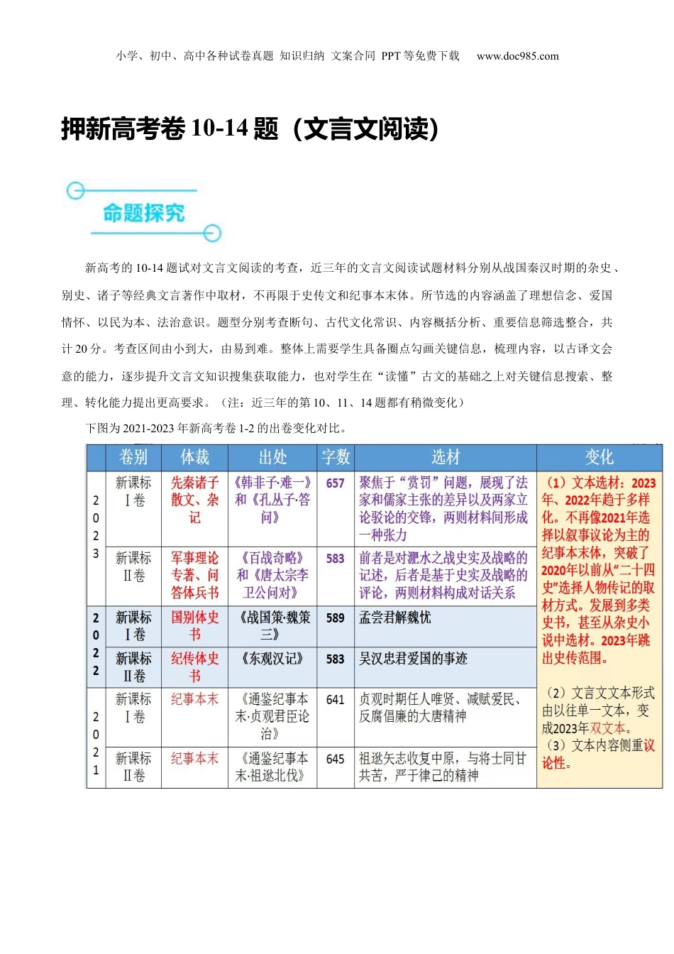 2024年新高考语文资料押新高考卷10-14题（文言文阅读）（解析版）-备战2024年高考语文临考题号押题（新高考通用）.docx