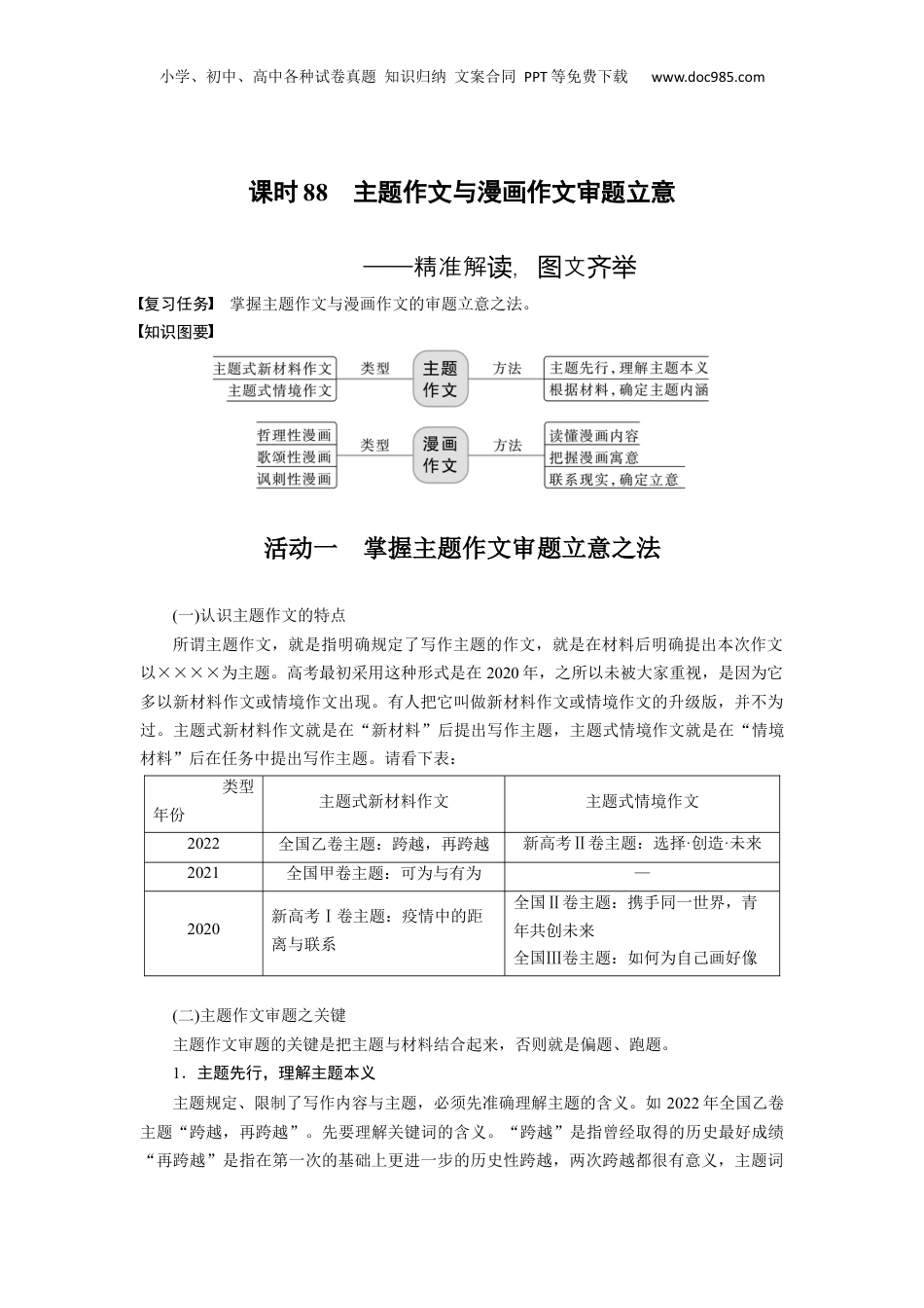 2024年新高考语文资料板块10 写作 课时88　主题作文与漫画作文审题立意——精准解读，图文齐举.docx