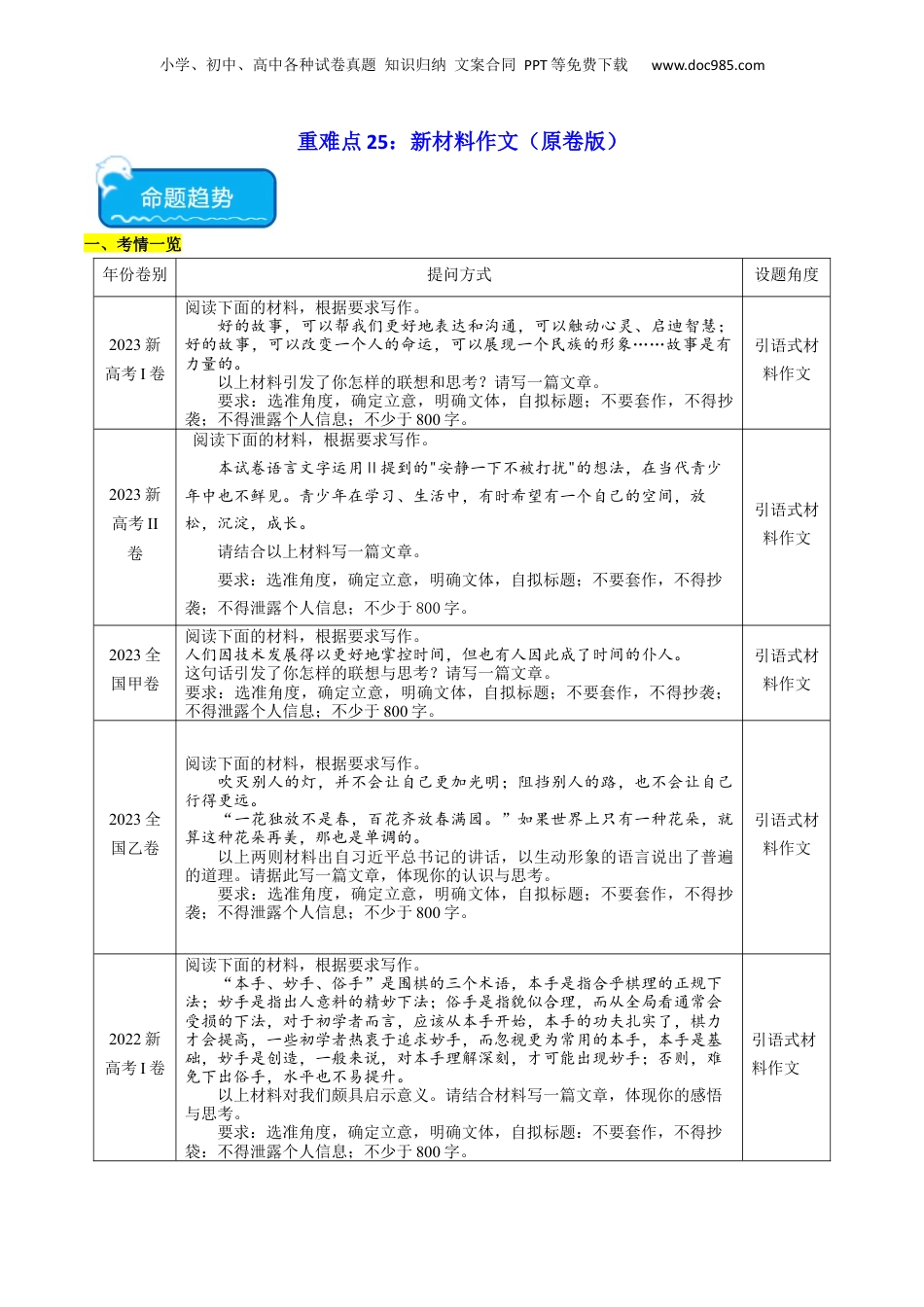 2024年新高考语文资料重难点25：新材料作文（原卷版）.docx