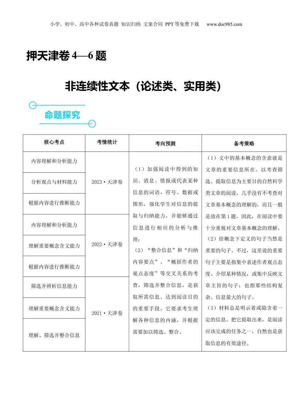 2024年新高考语文资料（押天津卷第4-6题）非连续性文本阅读（原卷版）-备战2024年高考语文临考题号押题（天津卷）.docx