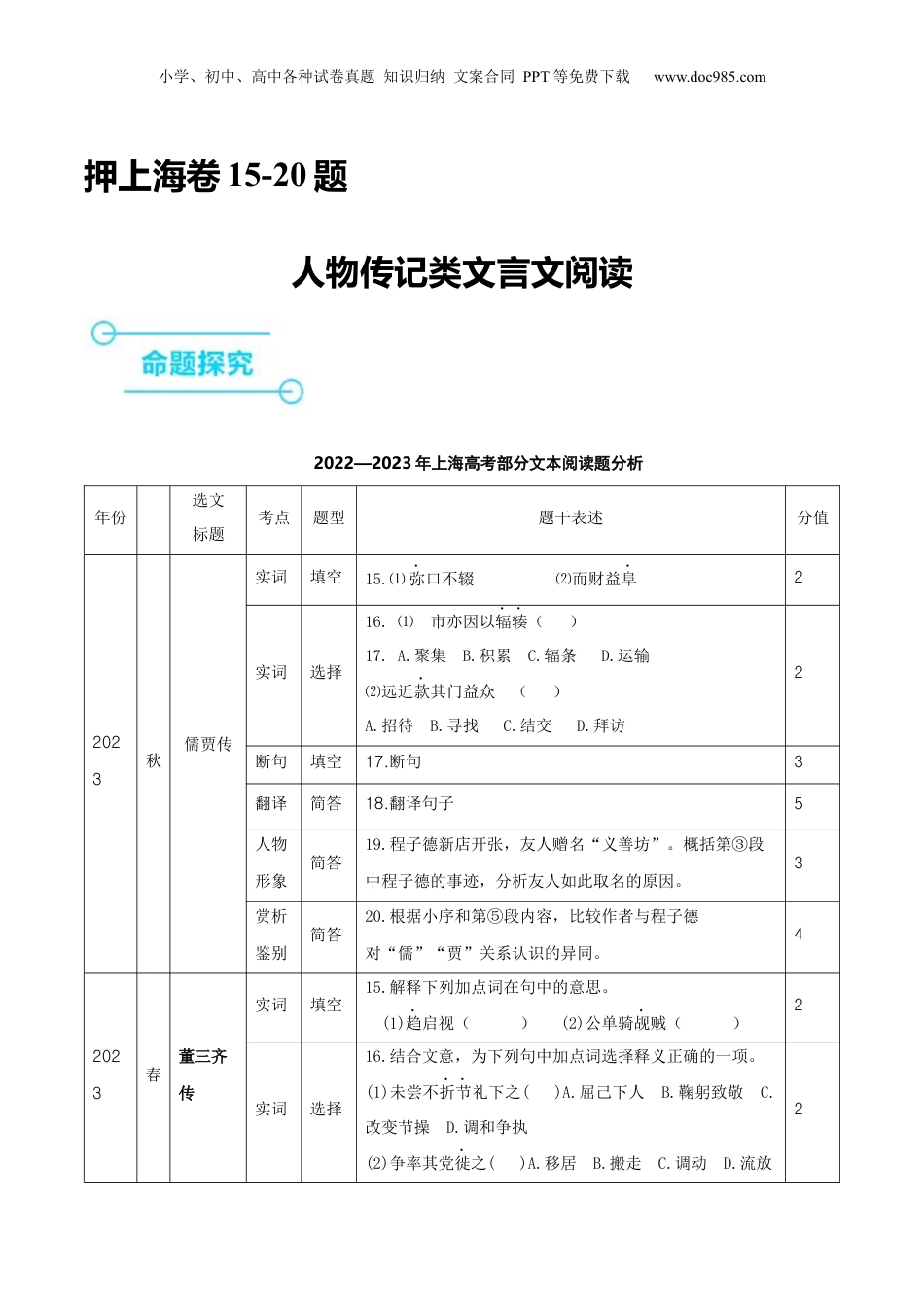 2024年新高考语文资料押上海卷第15-20题（人物传记类文言文阅读）（解析版）-备战2024年高考语文临考题号押题（上海卷）.docx