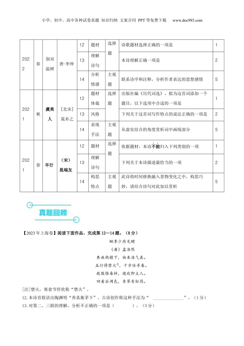 2024年新高考语文资料押上海卷第12-14题（古诗阅读）（原卷版）-备战2024年高考语文临考题号押题（上海卷）.docx