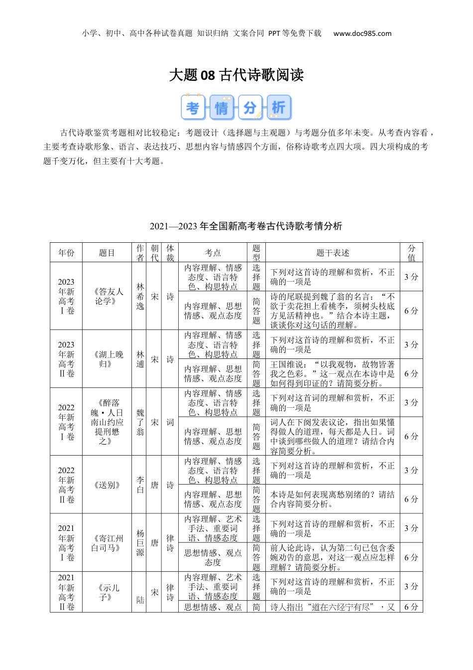 2024年新高考语文资料大题08 古代诗歌阅读（原卷版）.docx