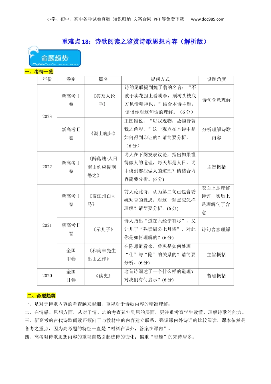 2024年新高考语文资料重难点18：诗歌阅读之鉴赏诗歌思想内容（解析版）.docx