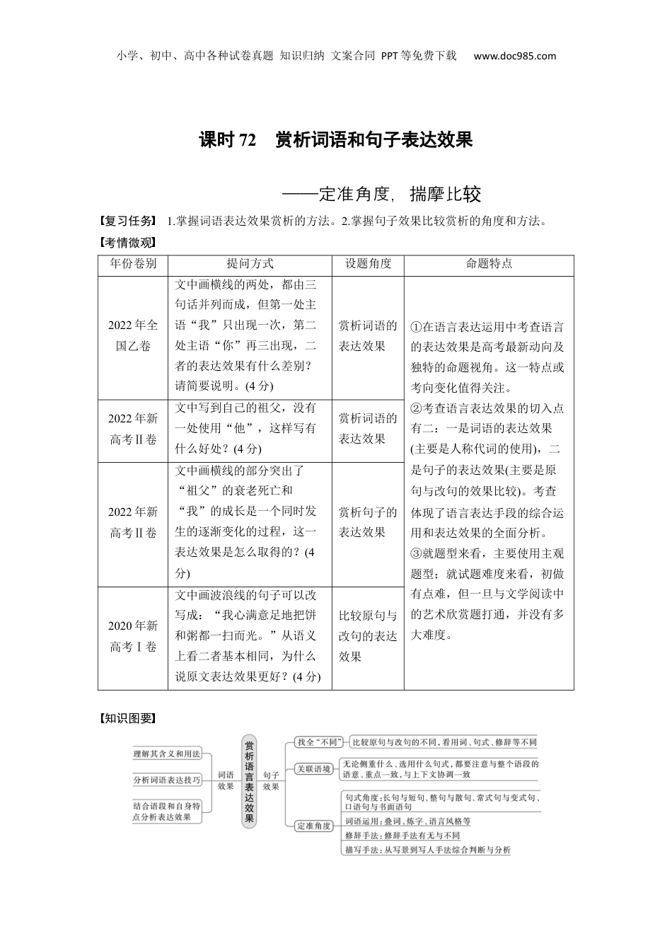 2024年新高考语文资料板块8 第2部分 语言应用 课时72　赏析词语和句子表达效果——定准角度，揣摩比较.docx
