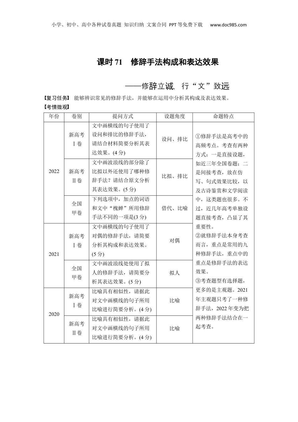 2024年新高考语文资料板块8 第2部分 语言应用 课时71　修辞手法构成和表达效果——修辞立诚，行“文”致远.docx