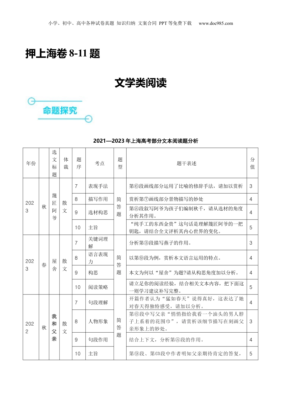 2024年新高考语文资料（押上海卷第8-11题）文学类阅读（解析版）-备战2024年高考语文临考题号押题（上海卷）.docx
