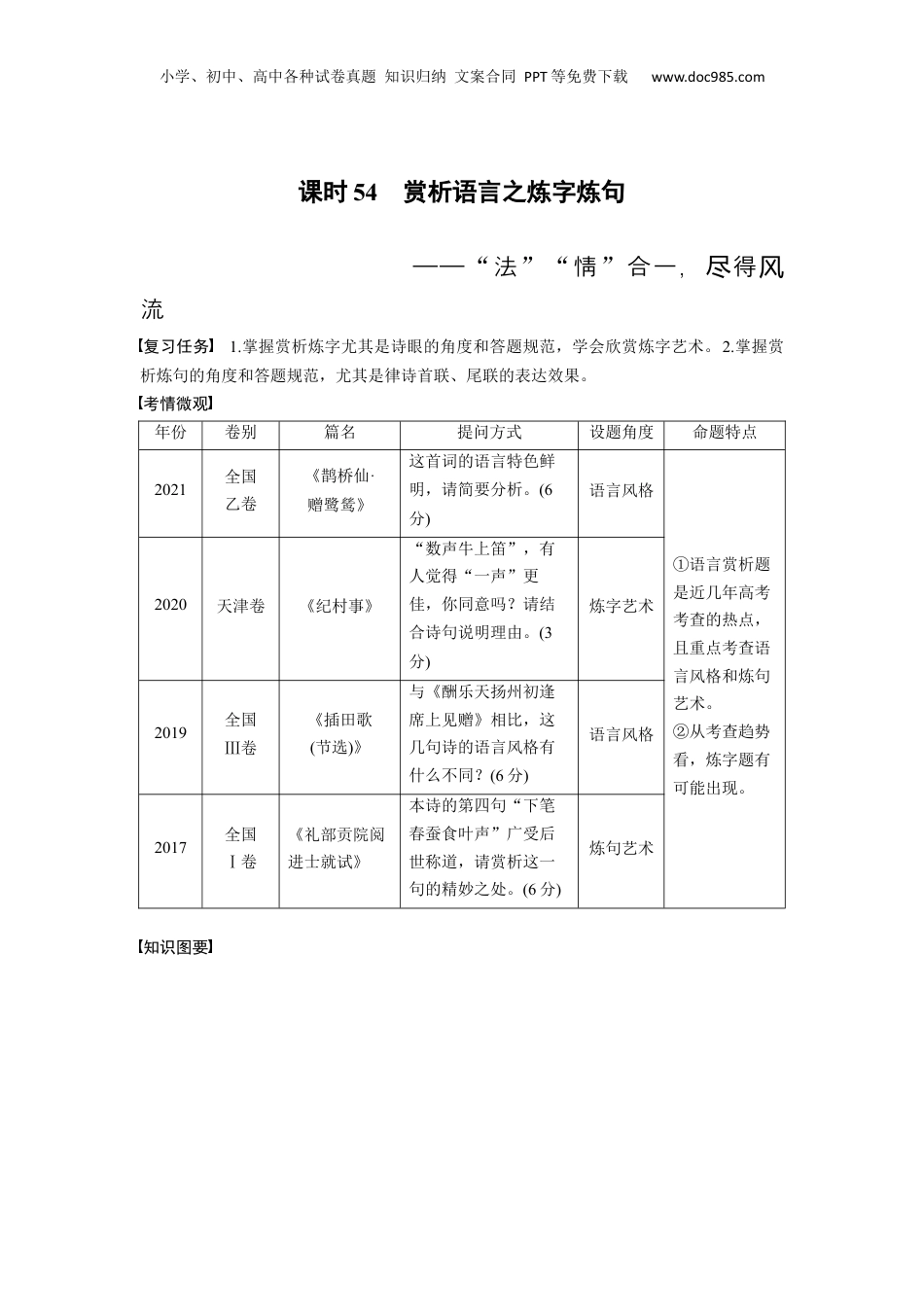 2024年新高考语文资料板块6 古诗词阅读与鉴赏 课时54　赏析语言之炼字炼句——“法”“情”合一，尽得风流.docx