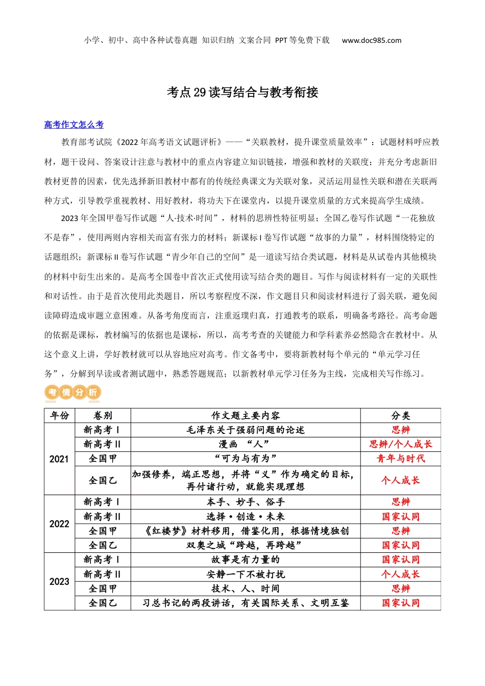 2024年新高考语文资料专题29 读写结合与教考衔接（讲义）-2024年高考语文二轮复习讲练测（新教材新高考）.docx