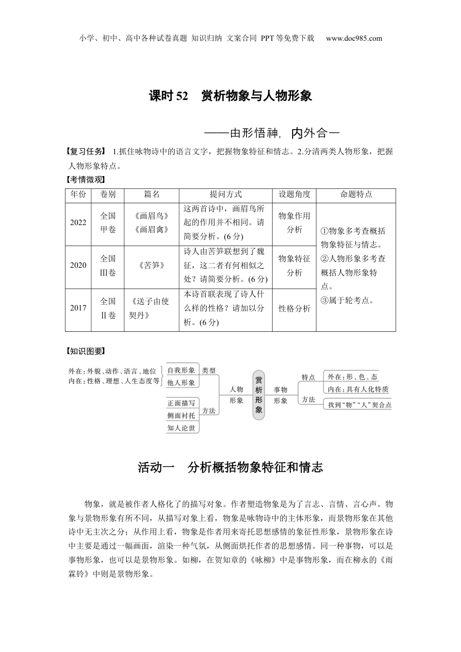 2024年新高考语文资料板块6 古诗词阅读与鉴赏 课时52　赏析物象与人物形象——由形悟神，内外合一.docx