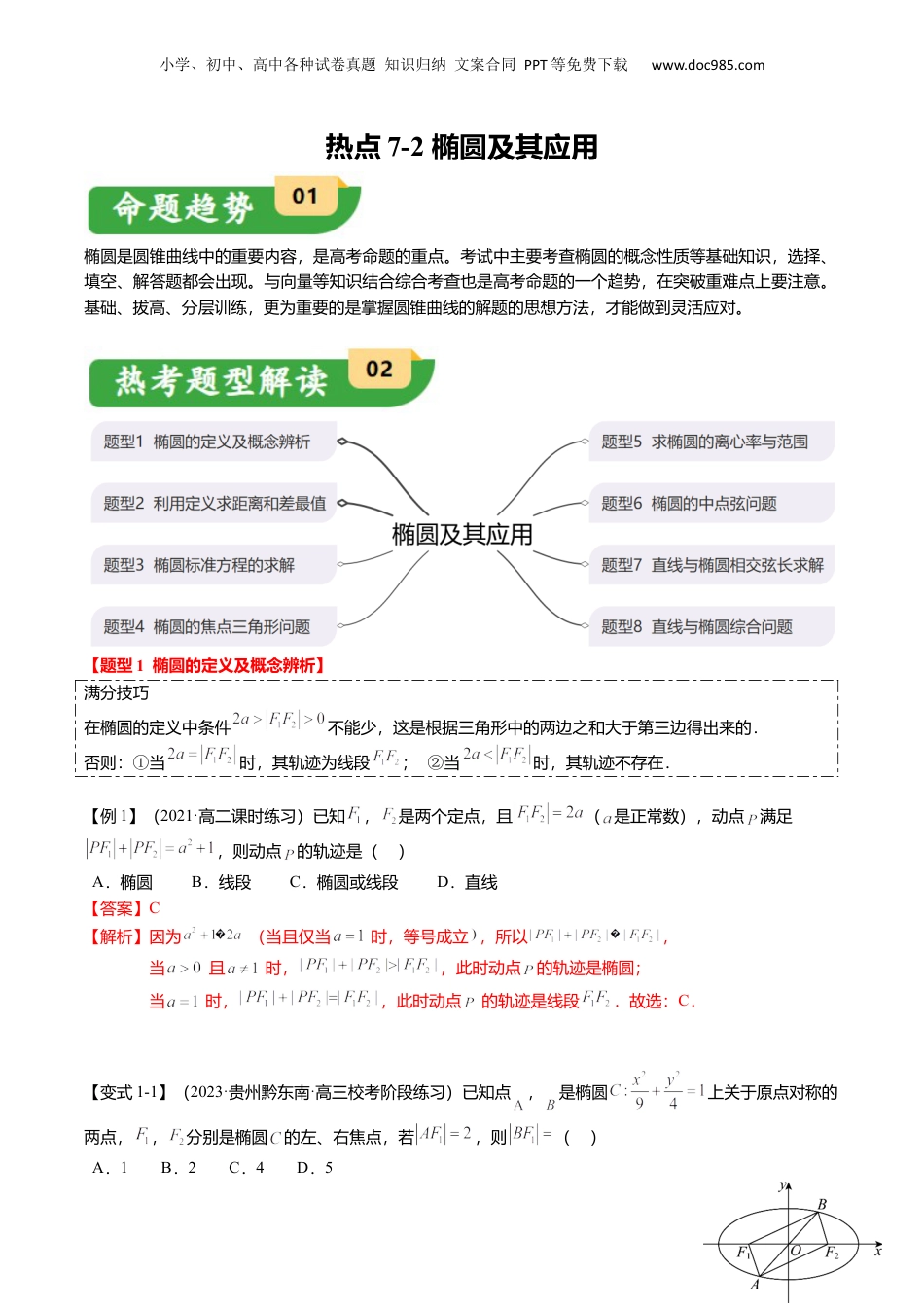 2024年新高考数学复习资料热点7-2 椭圆及其应用（8题型+满分技巧+限时检测）（解析版）.docx