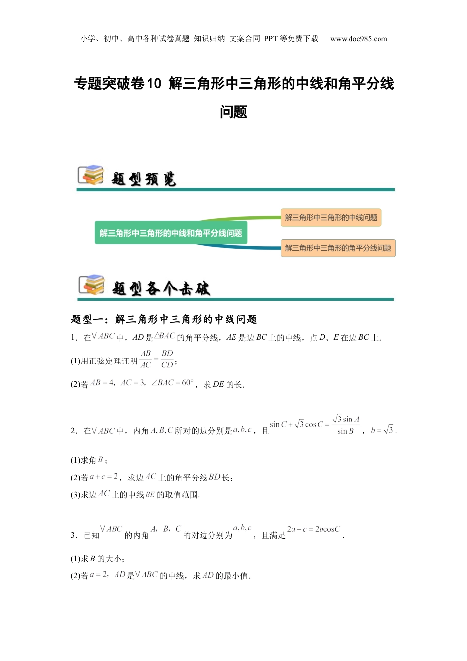 2025年新高考数学复习资料专题突破卷10 解三角形中三角形的中线和角平分线问题（原卷版）.docx