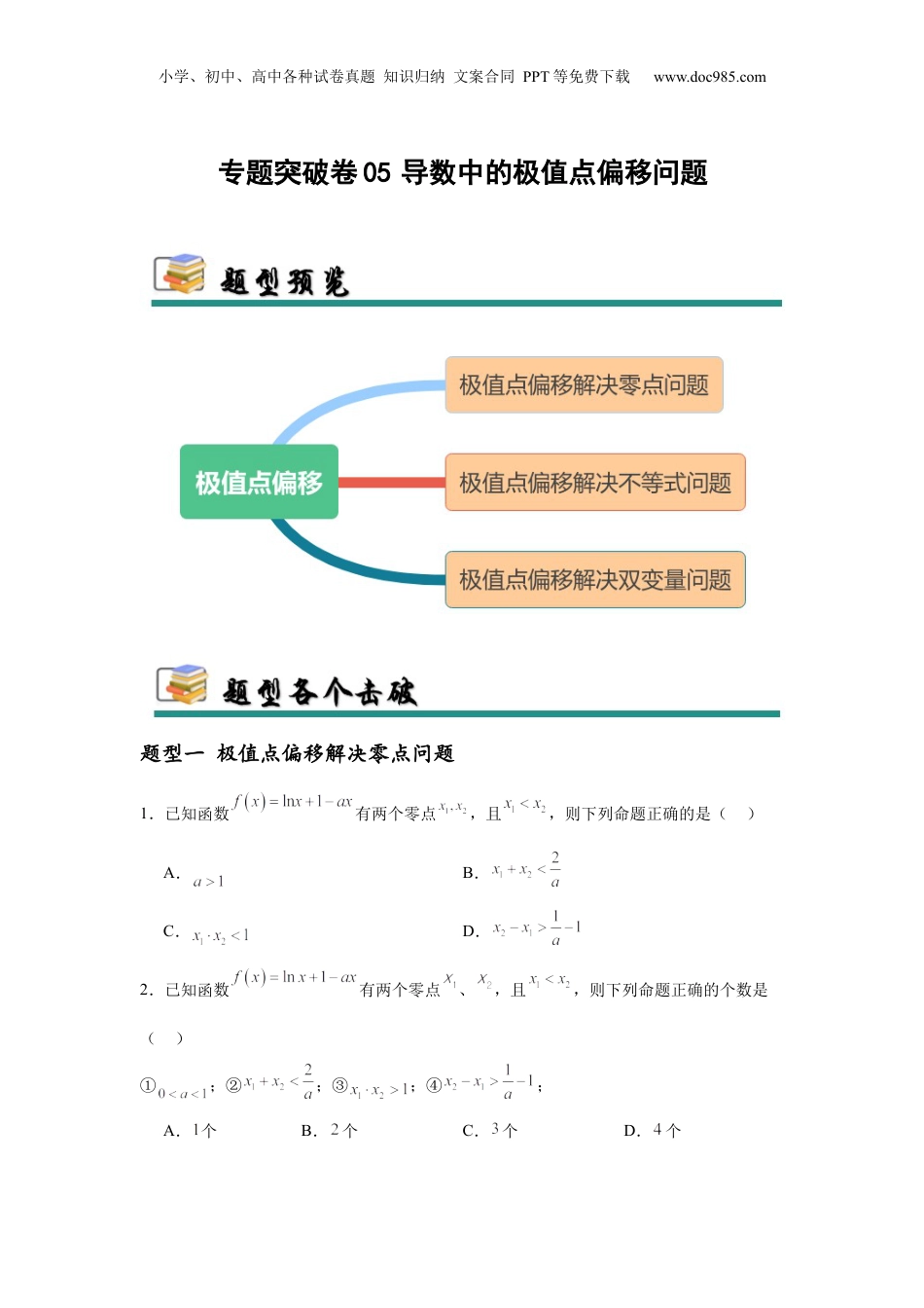 2025年新高考数学复习资料专题突破卷05 导数中的极值点偏移问题 （原卷版）.docx