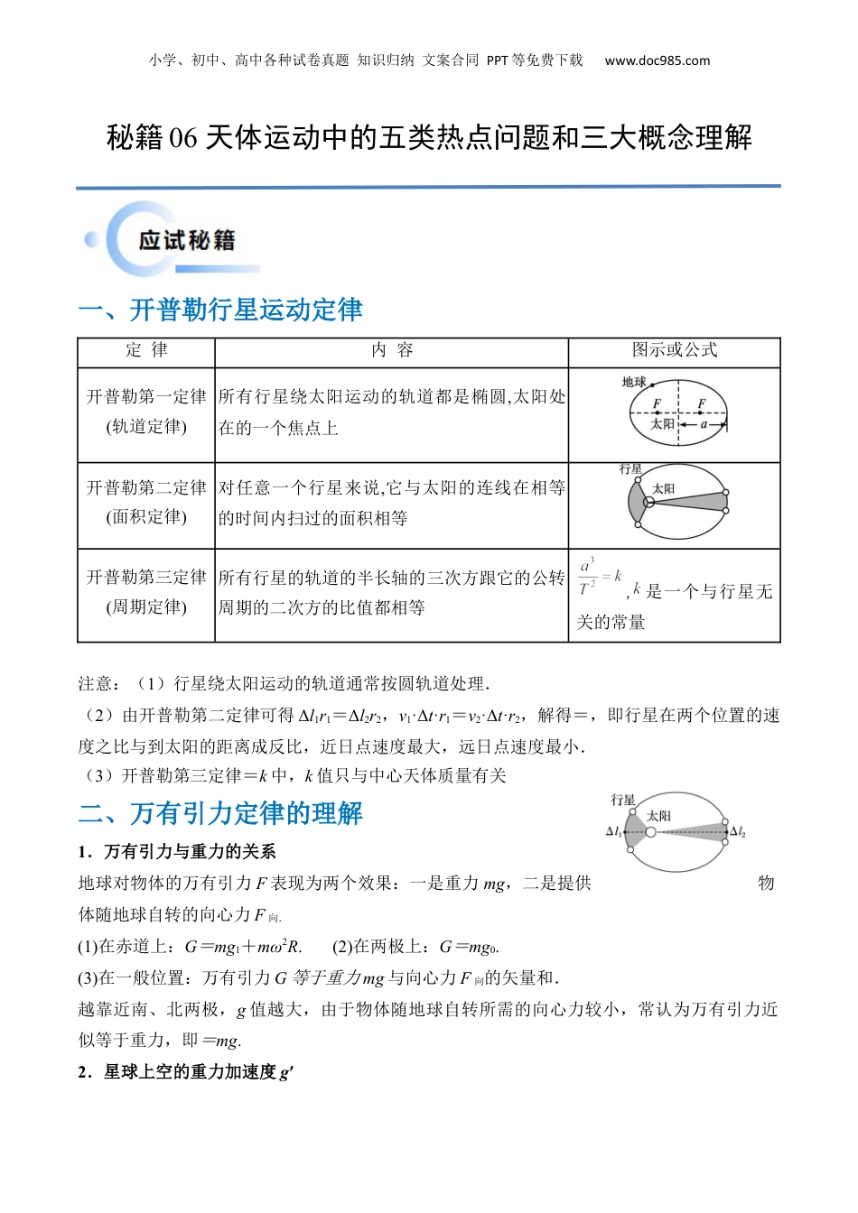 2024年新高考物理资料 秘籍06 天体运动中的五类热点问题和三大概念理解应用（原卷版）-备战2024年高考物理抢分秘籍.docx