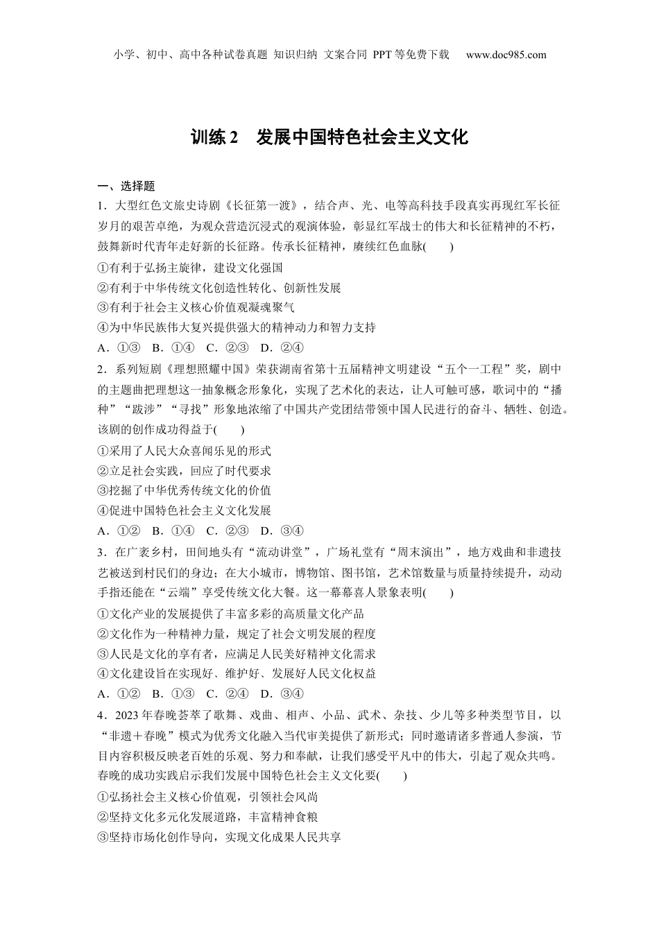 2024年新高考政治资料  专题十一　训练2　发展中国特色社会主义文化.docx