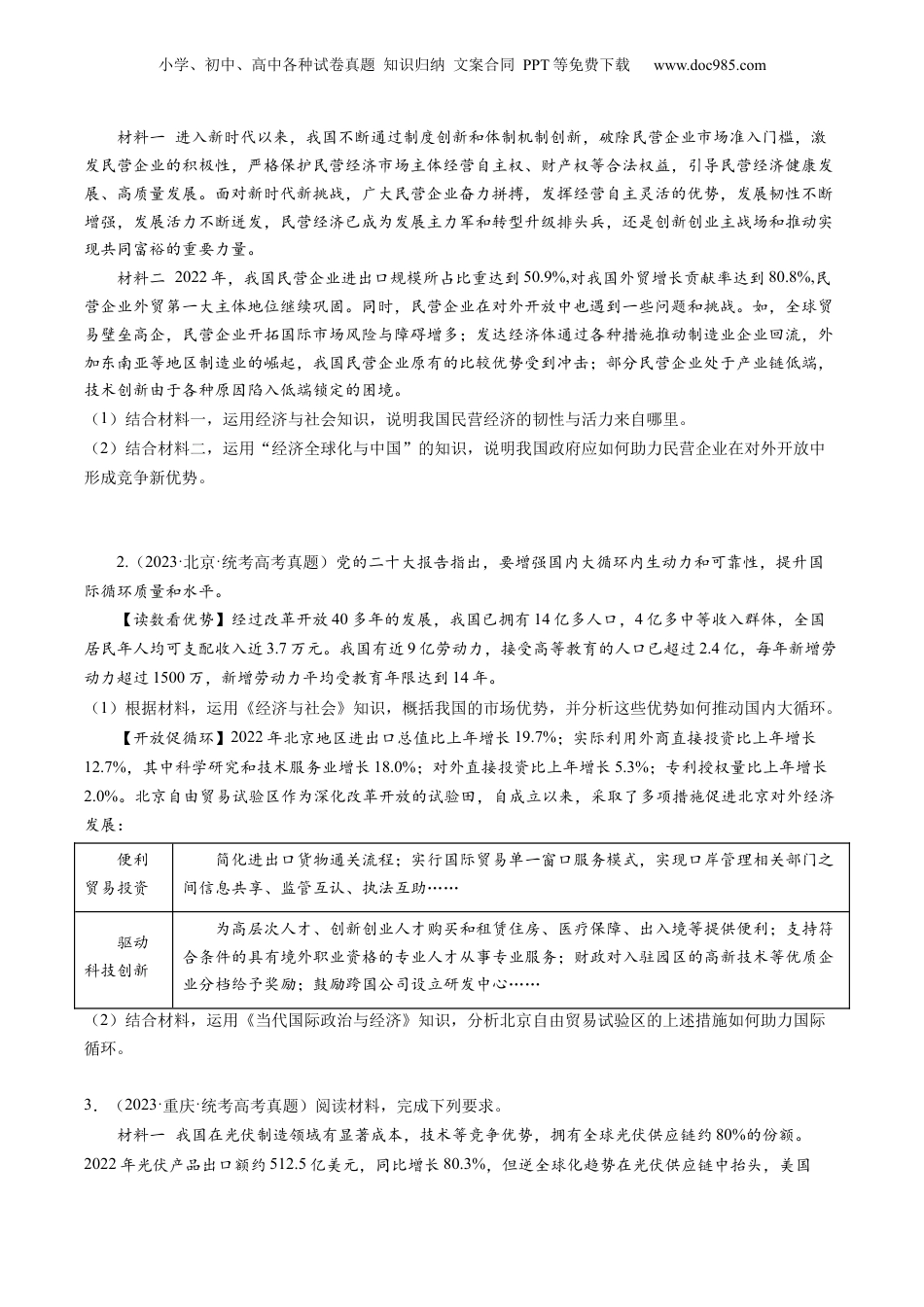 2024年新高考政治资料  专题07 “当代国际政治与经济和六个模块结合”主观题  (原卷版).docx