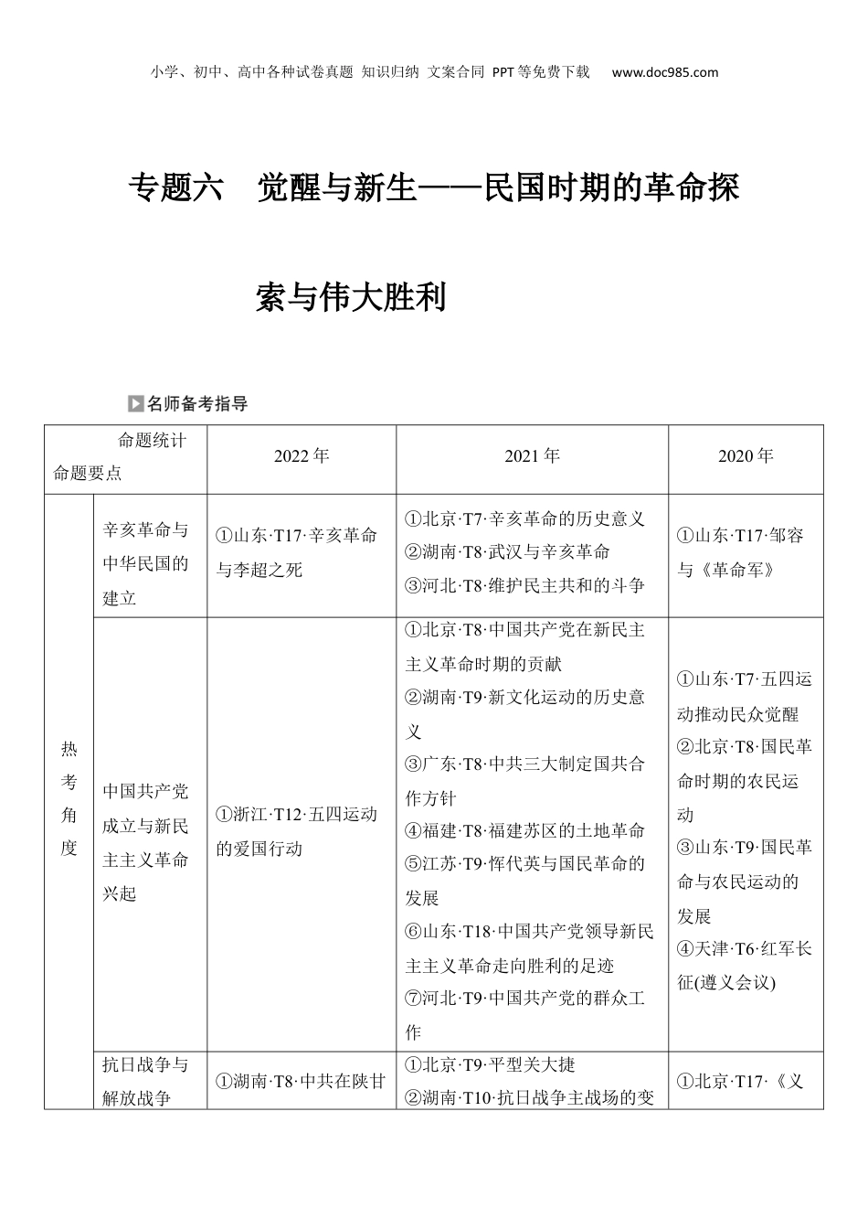 2024年新高考历史资料  专题六　觉醒与新生——民国时期的革命探索与伟大胜利.docx