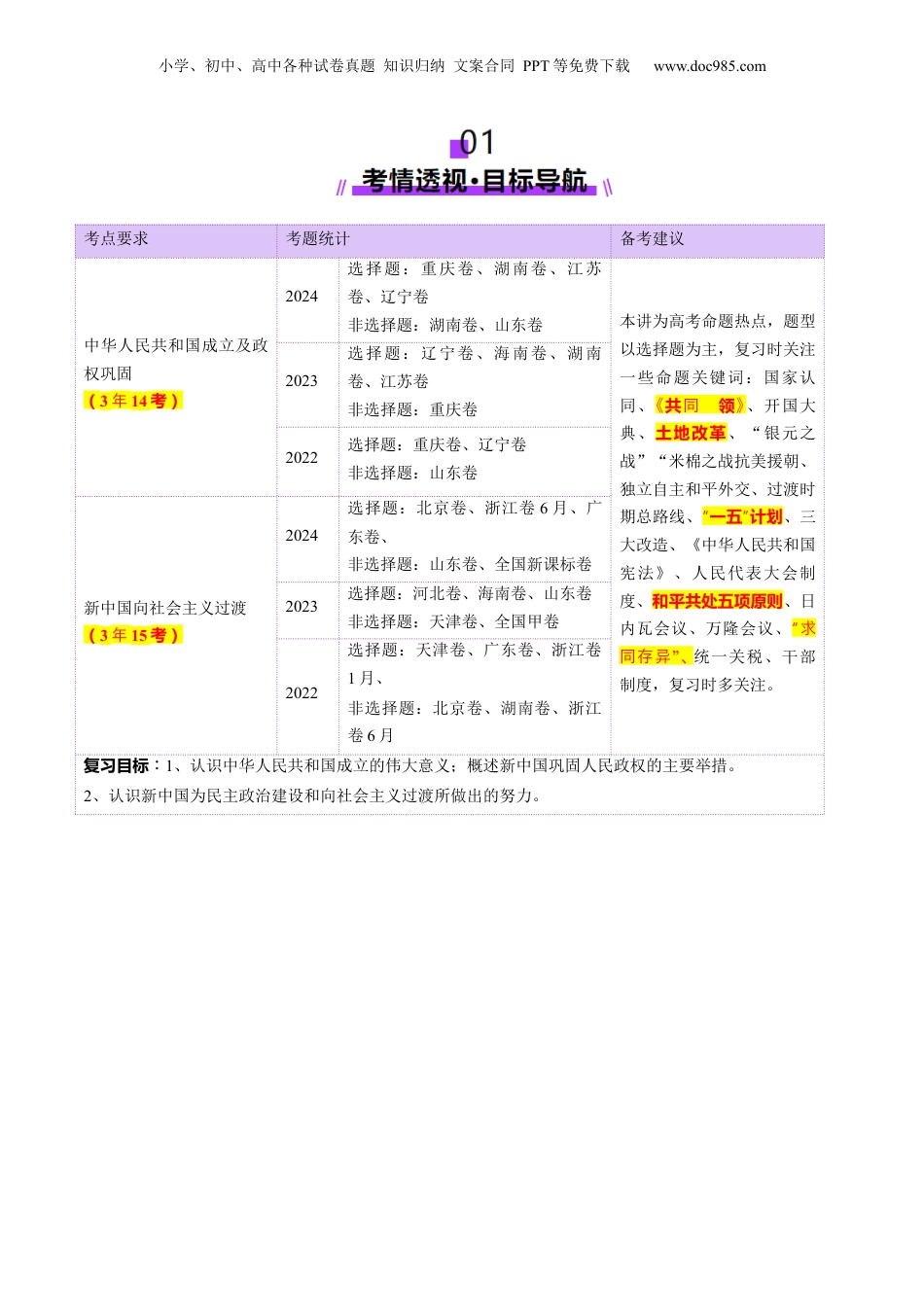 2025年新高考历史资料  第17讲  中华人民共和国成立和向社会主义的过渡（讲义）（原卷版）.docx