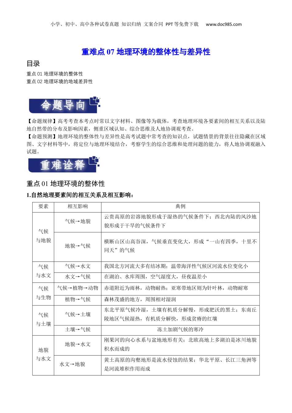 重难点07 地理环境的整体性与差异性-2024年高考地理【热点·重点·难点】专练（新高考专用）（原卷版）.docx