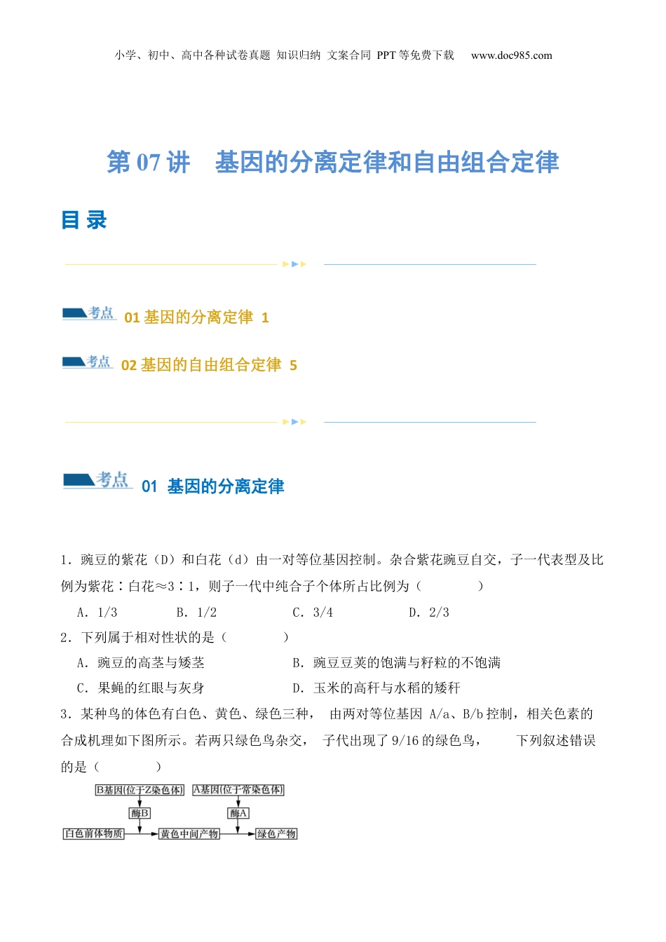2024年新高考生物资料  第07讲 基因的分离定律和自由组合定律（练习）（原卷版）.docx