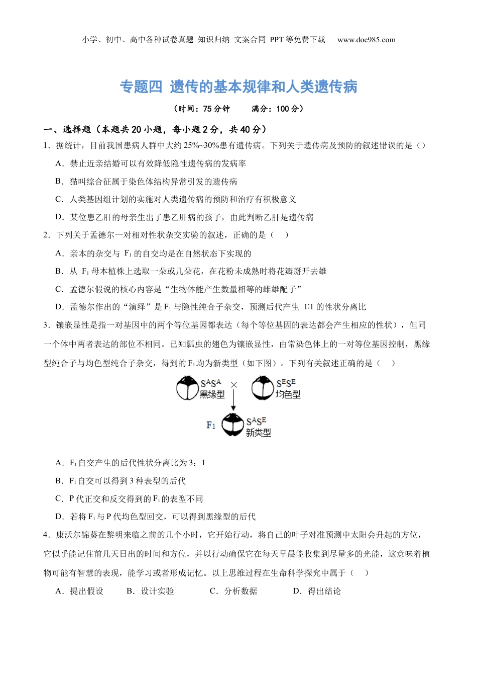 2024年新高考生物资料  专题四 遗传的基本规律和人类遗传病（测试）（原卷版）.docx