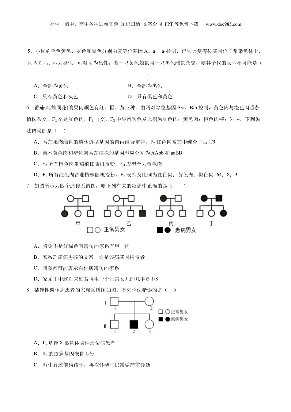 2024年新高考生物资料  专题四 遗传的基本规律和人类遗传病（测试）（原卷版）.docx