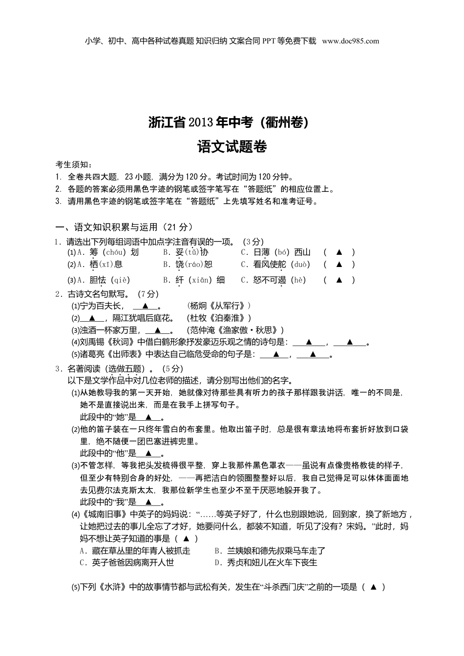 2013年浙江省衢州市中考语文真题及答案.doc