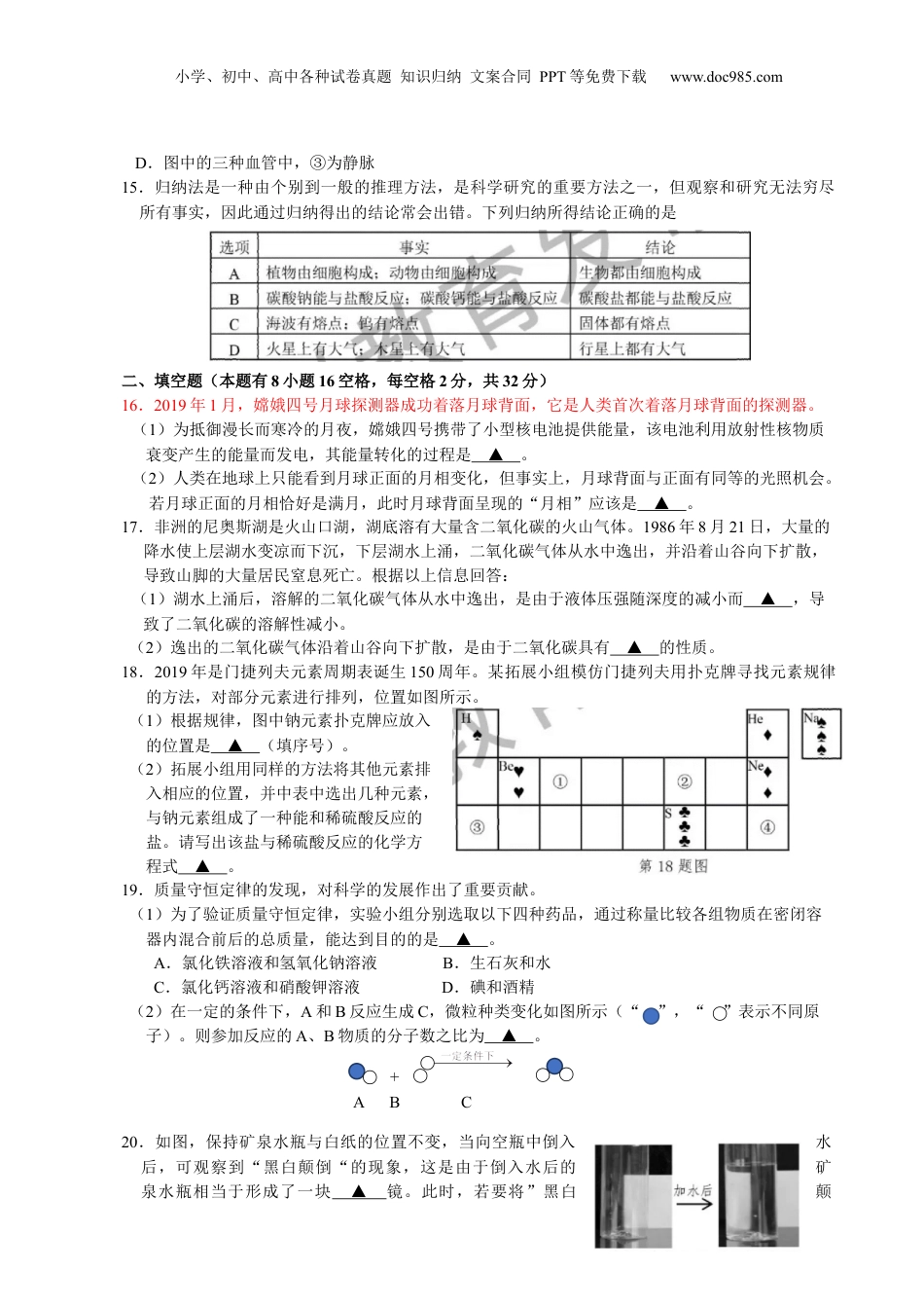 2019年浙江省嘉兴市中考科学真题（解析卷）.docx