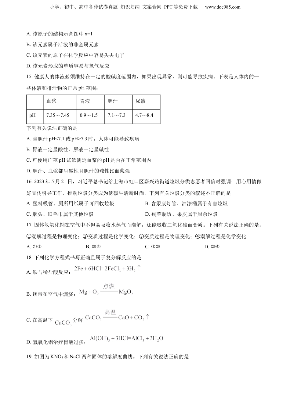 精品解析：2023年湖南省株洲市中考化学真题（原卷版）.docx