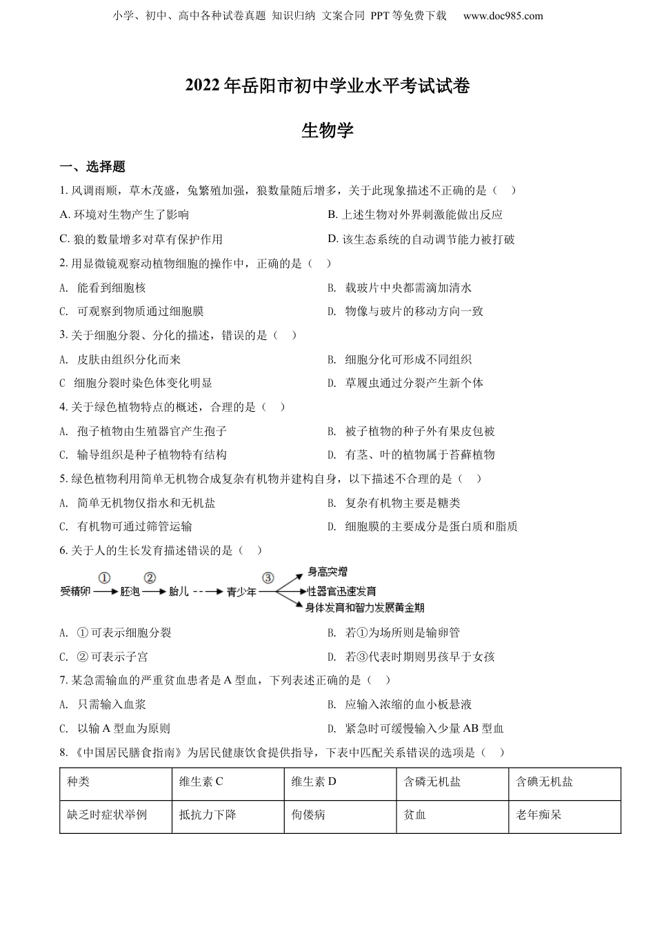 精品解析：2022年湖南省岳阳市中考生物真题（原卷版）.docx