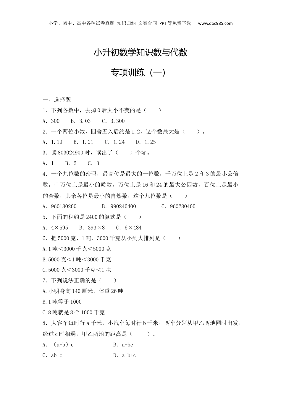 【精品】小升初数学知识数与代数专项训练（一）（23页）.docx