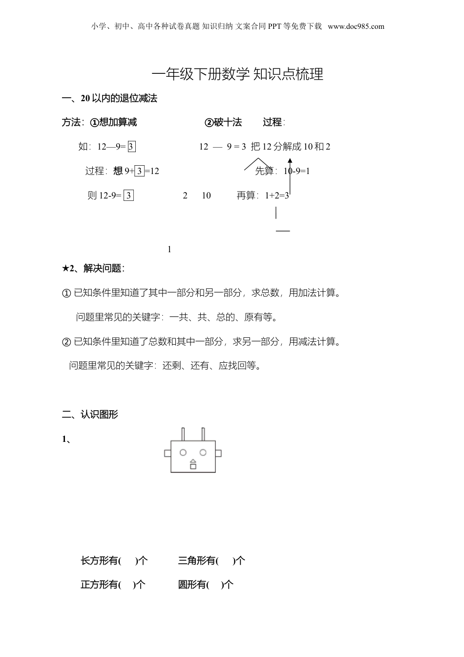 苏教小学数学一年级下册 知识点梳理(1).doc