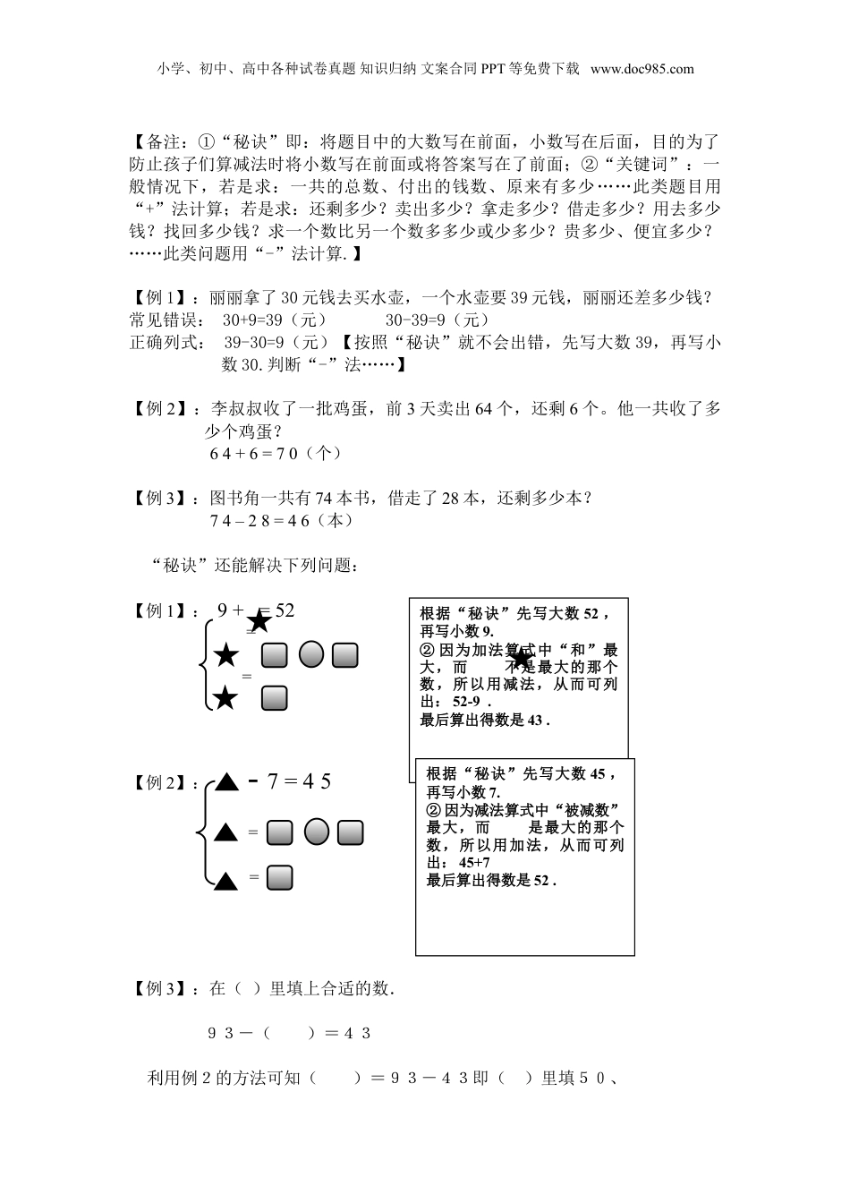 苏教小学数学一年级下册 单元知识点总结第四、六单元  100以内的加法和减法（一）（二）.doc