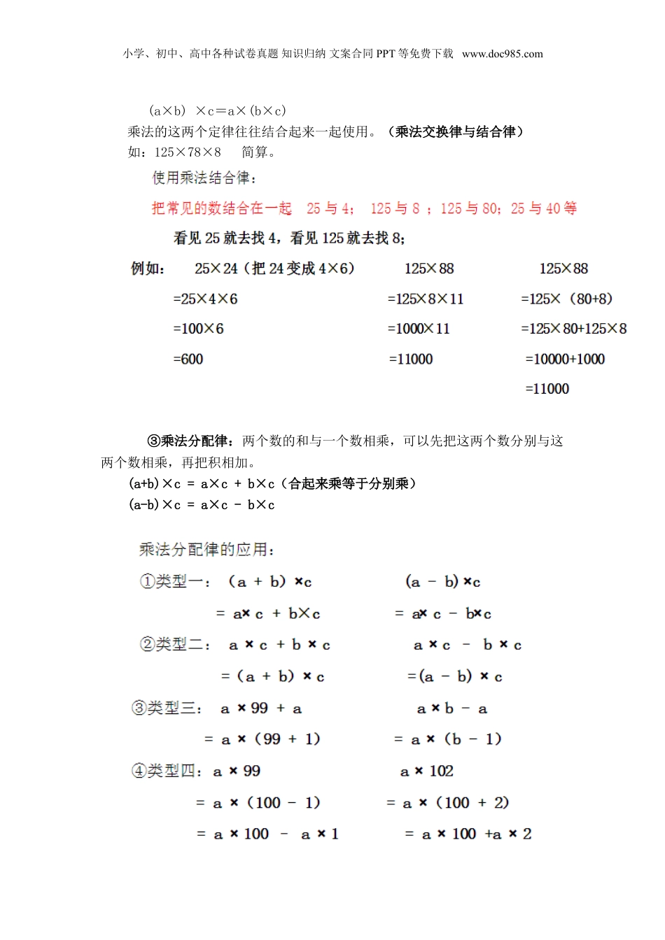 苏教小学数学四年级下册 单元知识点总结第六单元  运算律(1).doc