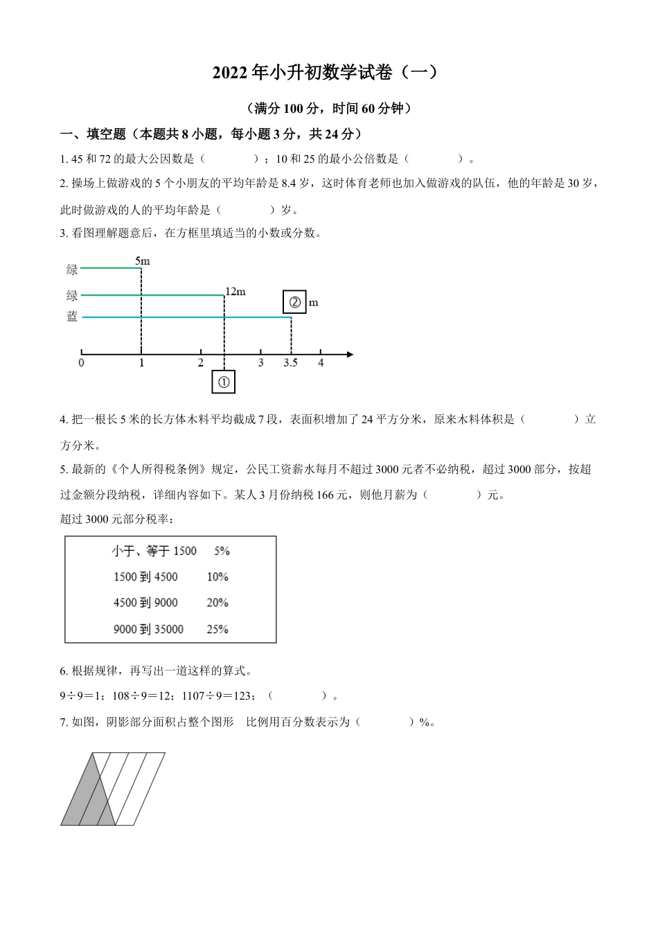 精品解析：湖南省长沙市长郡雨花外国语学校2022年人教版小升初考试数学试卷（一）（原卷版）.docx