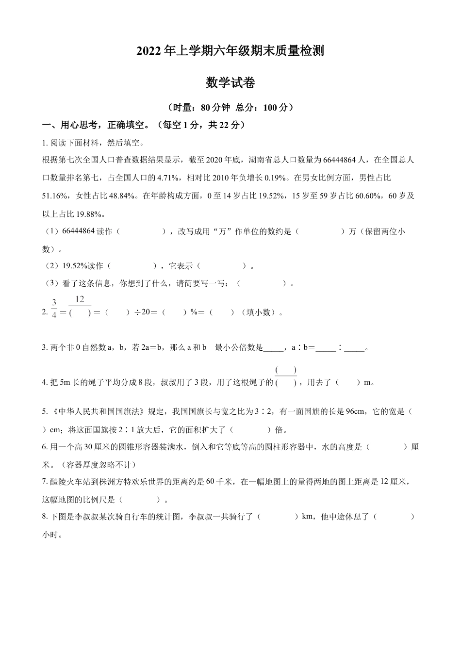 精品解析：2021-2022学年湖南省株洲市醴陵市人教版六年级下册期末质量检测数学试卷（原卷版）.docx
