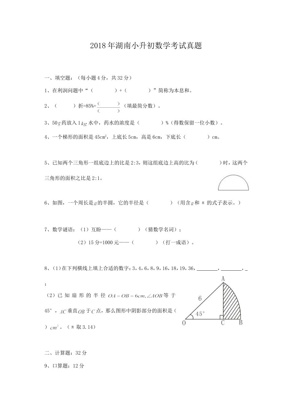 2018年湖南小升初数学考试真题.doc
