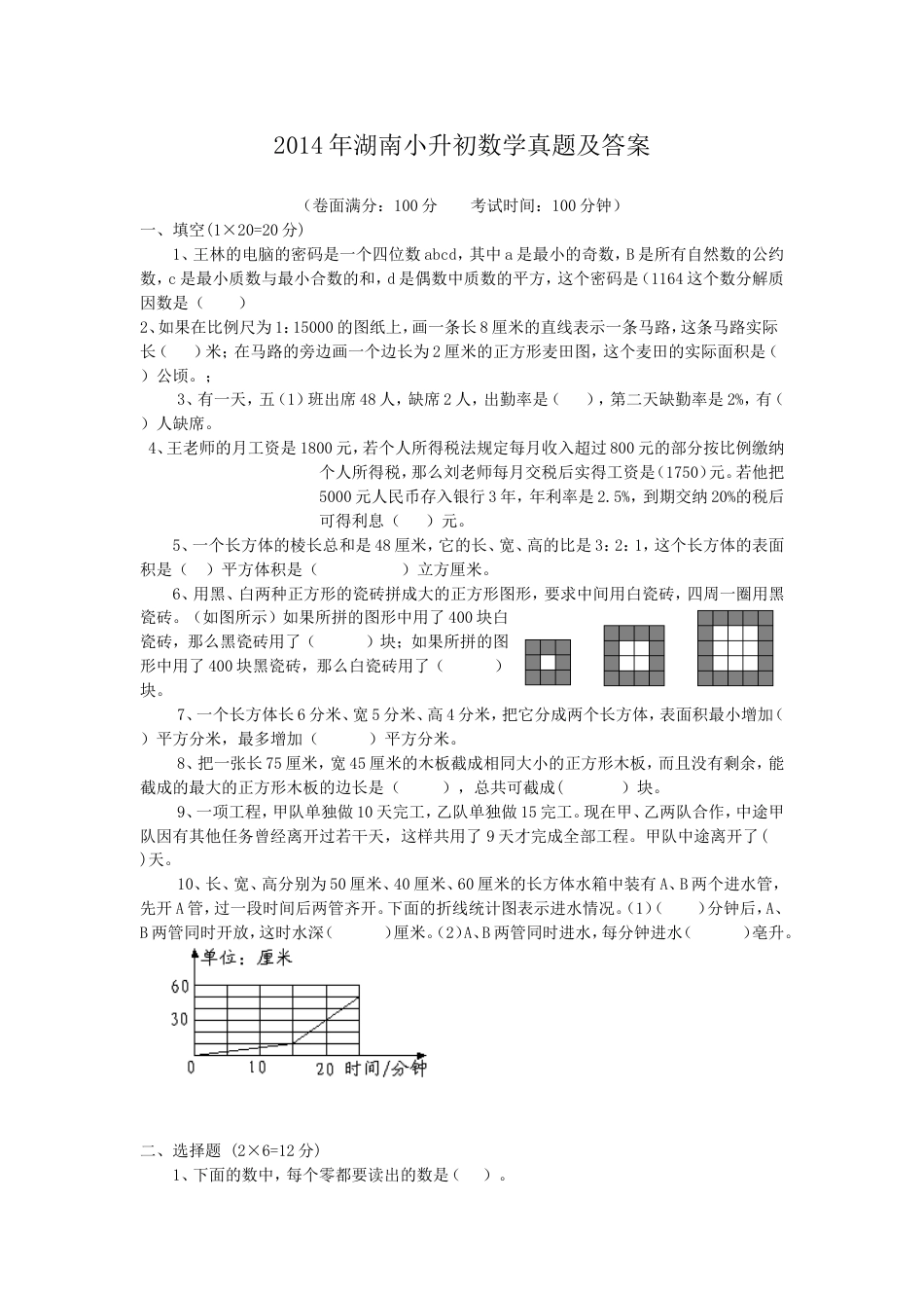 2014年湖南小升初数学真题及答案.doc