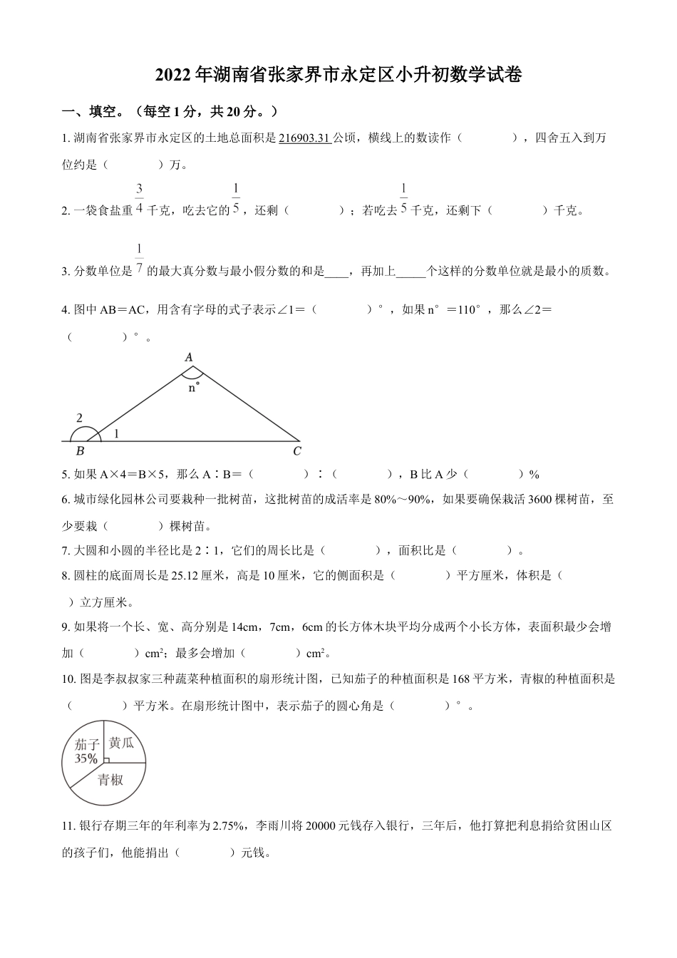 精品解析：湖南省张家界市永定区2022年人教版小升初考试数学试卷（原卷版）.docx