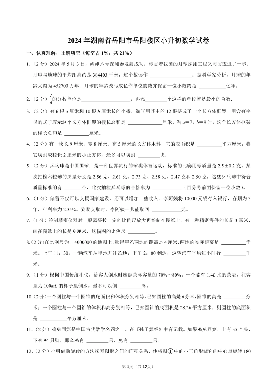 2024年湖南省岳阳市岳阳楼区小升初数学试卷附答案解析.pdf