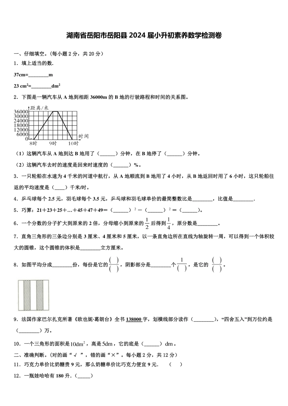 2024年湖南省岳阳市岳阳县小升初素养数学检测卷含解析.pdf