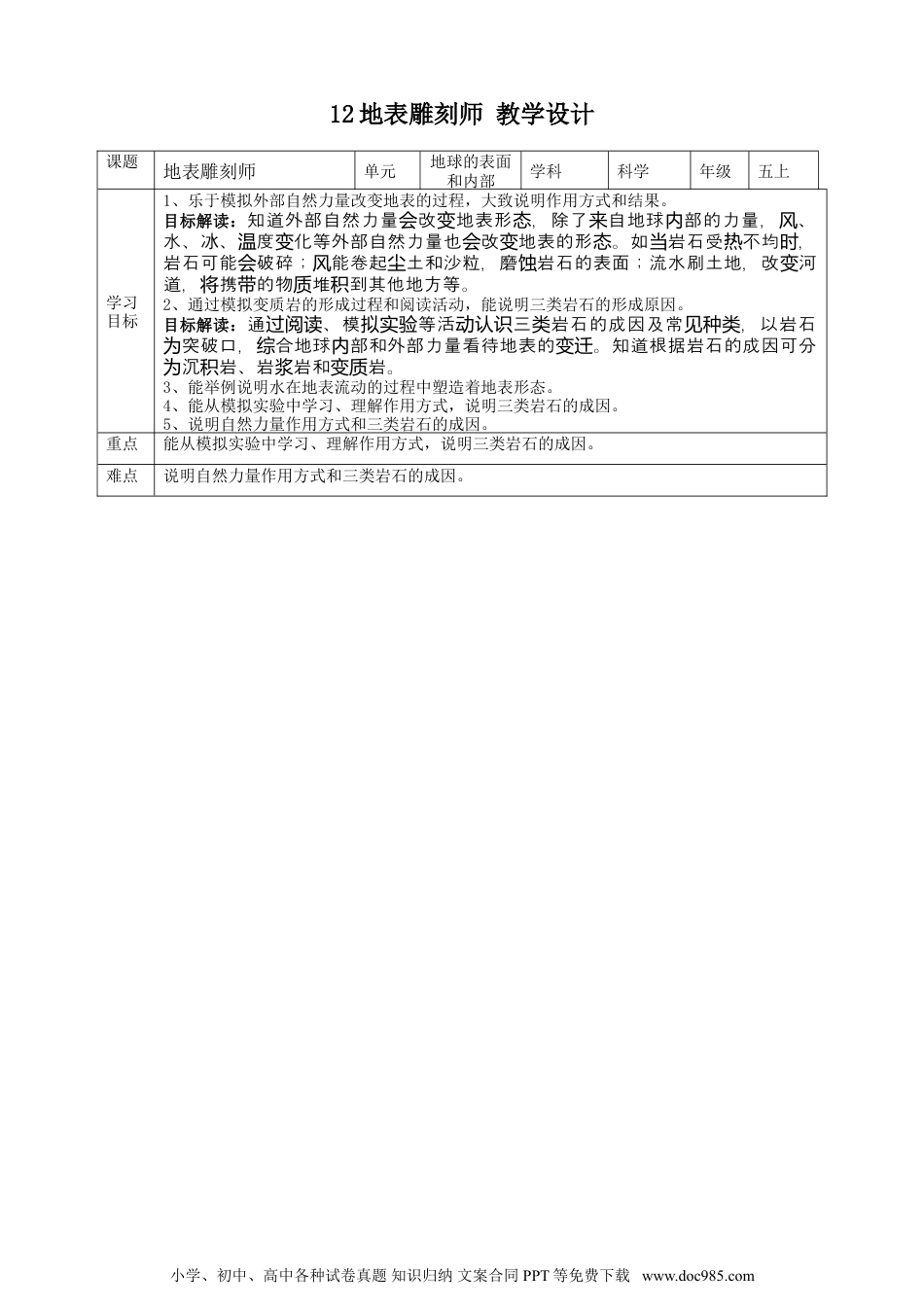 （苏教版）五年级上册科学12地表雕刻师 教案.doc