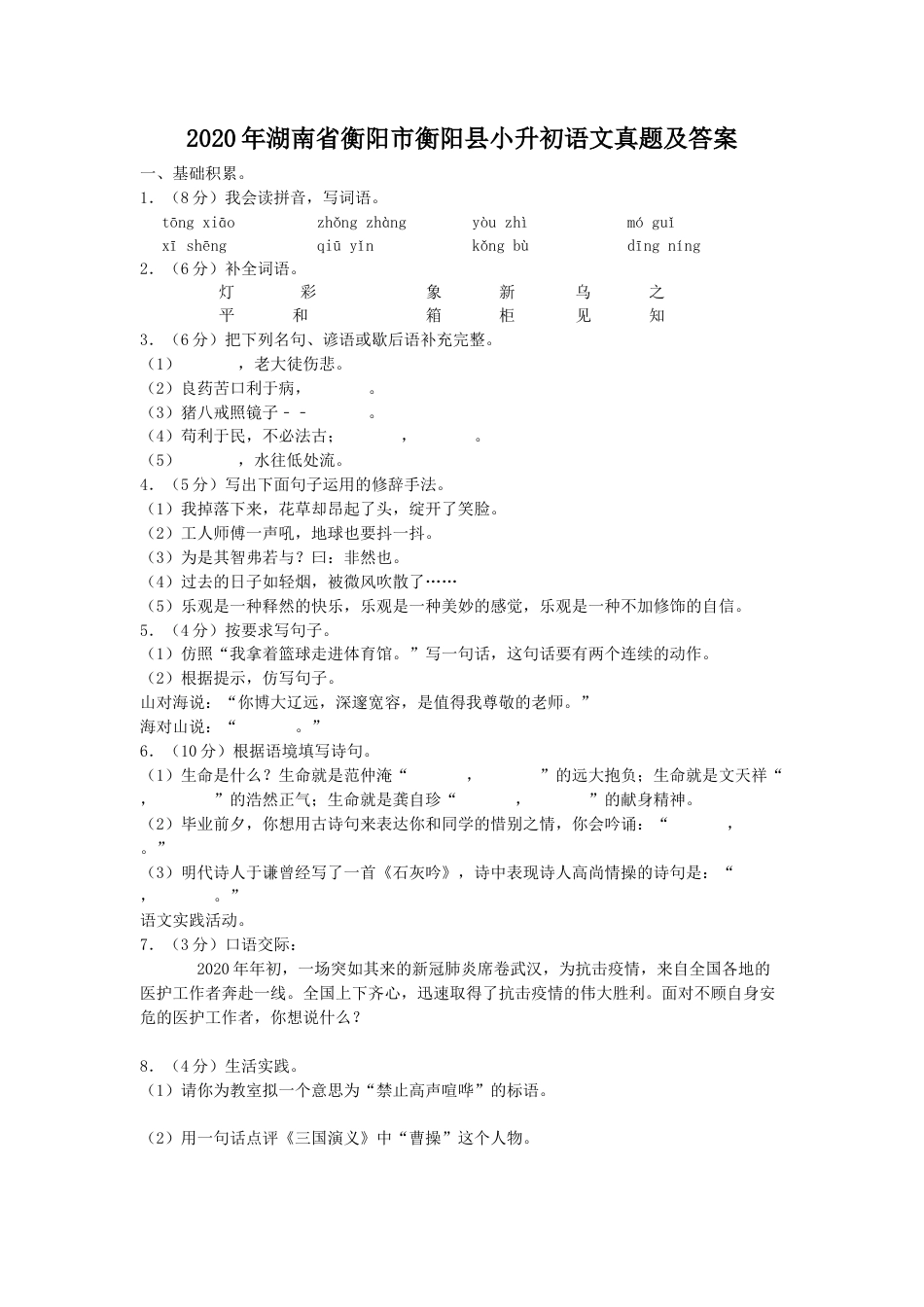 2020年湖南省衡阳市衡阳县小升初语文真题及答案.doc